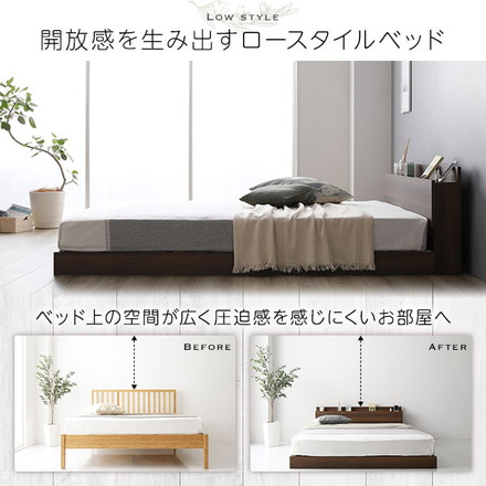 ベッド 低床 ロータイプ すのこ 木製 LED照明付き 棚付き 宮付き コンセント付き シンプル