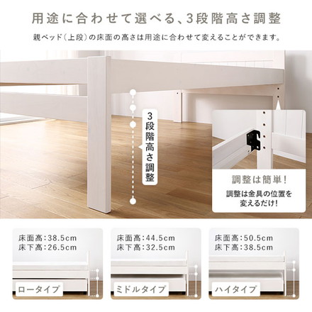 親子ベッド シングル 3つ折りポケットコイルマットレス付き ホワイトウォッシュ 木製 すのこベッド