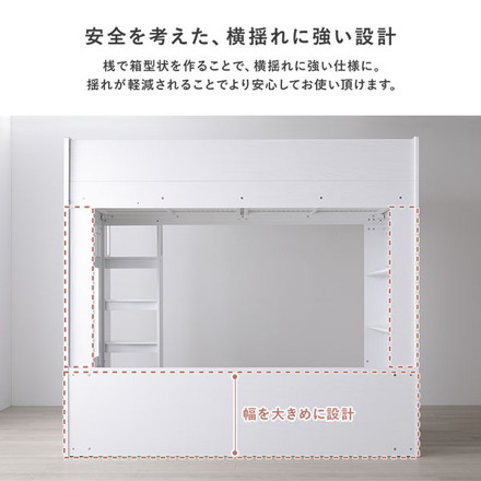 システム ロフトベッド シングル ベッドフレームのみ ホワイト シェルフ 収納棚 本棚 組立品