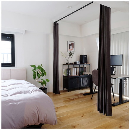 つっぱりポール リングランナー20個付き 幅120~200cm カーテンポール 突っ張り棒 間仕切りパーテーション ブラック