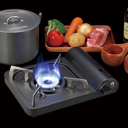 キャプテンスタッグ ポータブル カセットコンロ ブラック UF-28 & キャプテンスタッグ ラウンド グリルパン 20cm UG-1580 ＆ キャプテンスタッグ ラウンドグリルバッグ UG-1587 & キャプテンスタッグ ガスカセットボンベ3本パック M-7621 セット