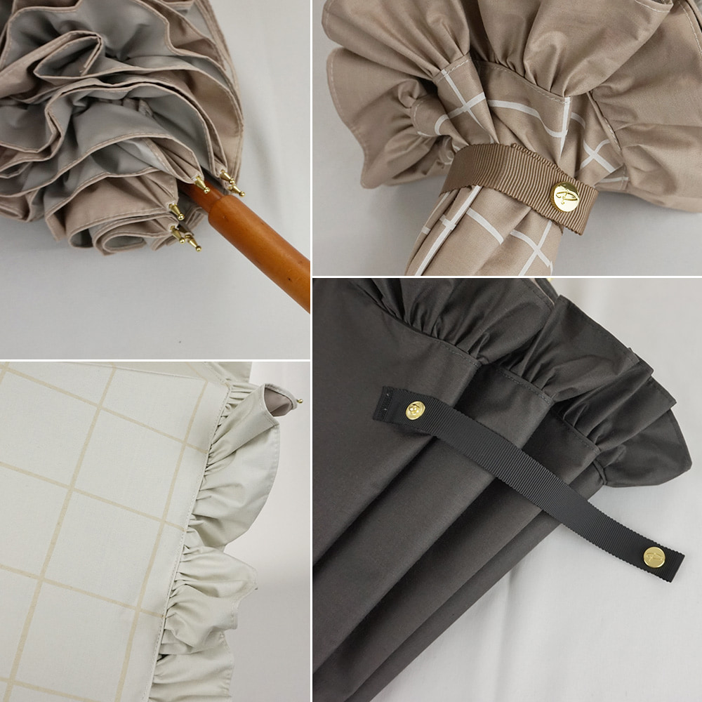 完全遮光 日傘 遮光率100% UVカット100% Paraffi パラフィ ショート傘 チェック柄 フリル アイボリー