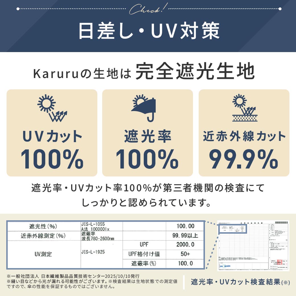 超軽量 晴雨兼用 完全遮光 日傘 折りたたみ傘 Karuru. カルル 50cm 無地/切替 遮光率100% 遮蔽率100% 撥水