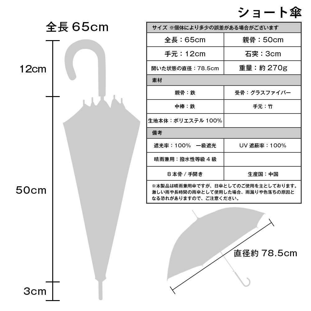 完全遮光 日傘 遮光率100% 1級遮光 UV遮蔽率100% 晴雨兼用 フリル ショート傘 50cm 竹手元 無地