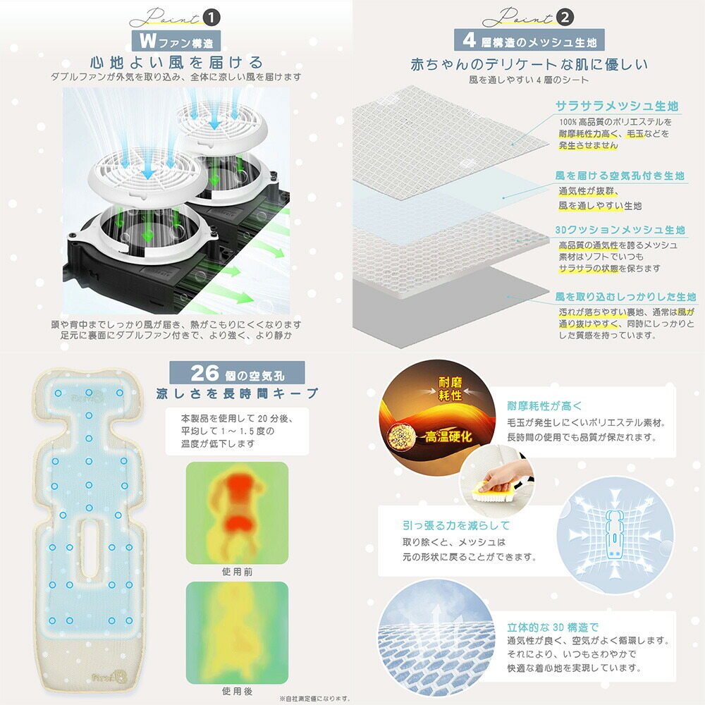 First.B ファンつきベビーカーシート 涼風 暑さ対策 熱中症対策 メッシュ素材 ムレ防止 洗濯可能 ベージュ