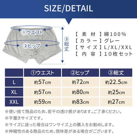 mitas 使い捨て ボクサー パンツ メンズ 10枚入り XXLサイズ TN-DPMN-GY-XXL