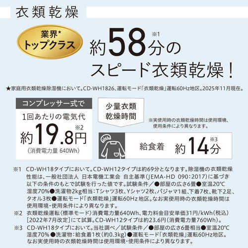 衣類乾燥除湿機 WHシリーズ クリスタルホワイト コロナ CD-WH1826(W)