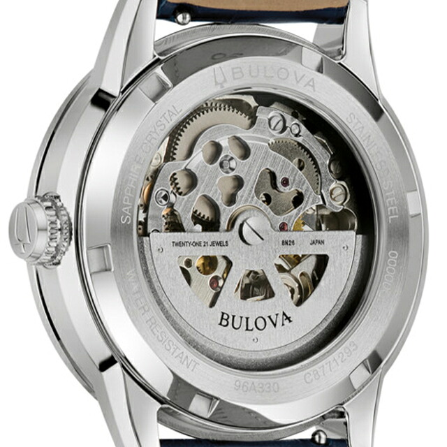 ブローバ クラシック メカニカル 自動巻き 腕時計 ブランド メンズ オープンハート BULOVA 96A330 アナログ シルバー ブルー おしゃれ 防水 プレゼント 男性 実用的