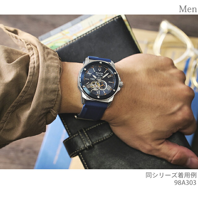 ブローバ マリンスター 自動巻き 腕時計 ブランド メンズ オープンハート BULOVA 98A303 アナログ ネイビー おしゃれ 防水 プレゼント 男性 実用的