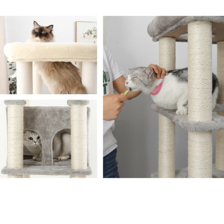 キャットタワー スリム 据え置き ハンモック付き 46×46cm 高さ148cm 省スペース おしゃれ 猫 猫用品 ペット用品 タワー 爪とぎ ハンモック コンパクト ベージュ グレー 綿縄巻×ライトグレー