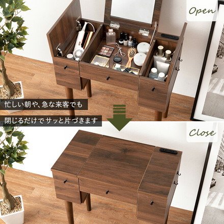 コンパクト デスクドレッサー 幅69 スツール付き 半完成品 2口コンセント 引き出し 収納 1面鏡 一面鏡 鏡台 ダークブラウン