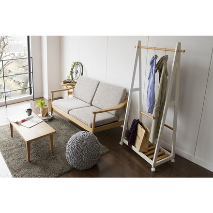 天然木 キャスター付き A型ハンガーラック ツートンハンガー パイン材 コートハンガー 収納 木製 棚付き