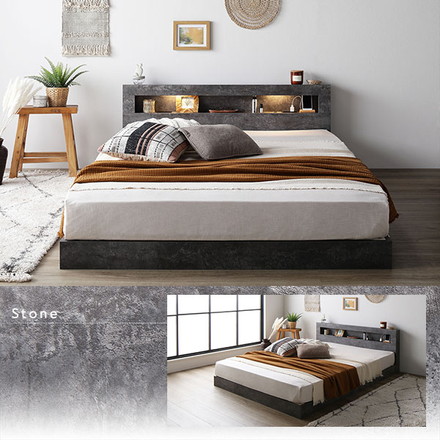 ベッド セミシングル 国産ポケットコイルマットレス付き ブラック 低床 すのこ 照明付 宮付 棚付