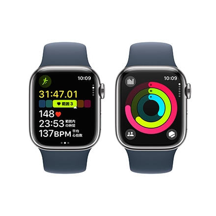 Apple Watch Series 9（GPS + Cellularモデル）- 41mmシルバーステンレススチールケースとストームブルースポーツバンド - S/M