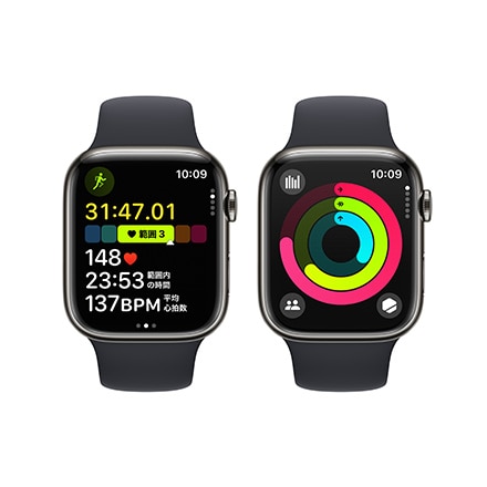 Apple Watch Series 9（GPS + Cellularモデル）- 45mmグラファイトステンレススチールケースとミッドナイトスポーツバンド - M/L