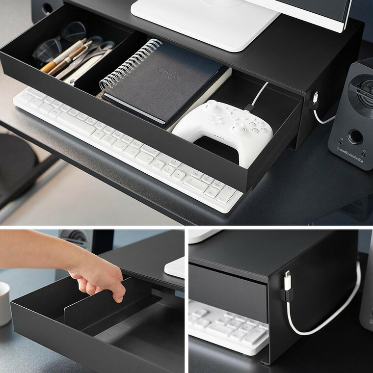 山崎実業 tower ゲームコントローラーも入る引き出し付きモニター台 タワー 10187 10188 / ブラック