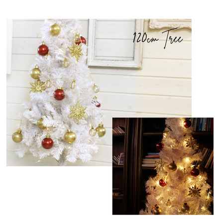 mitas ホワイト クリスマスツリー 120cm セット オーナメント付き イルミネーション付き LEDライト 100球 マリーゴールド ER-WHITETREE-120-MGCR
