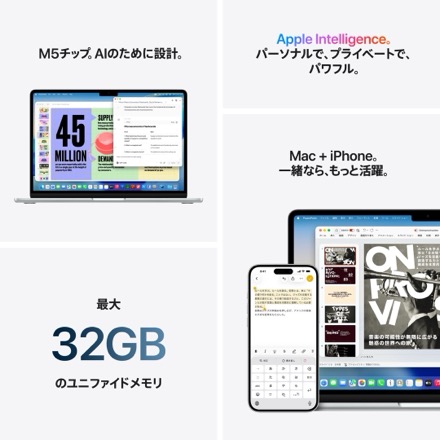 Apple 13インチMacBook Air: 10コアCPUと10コアGPUを搭載したApple M5チップ, 16GB, 1TB SSD - シルバー