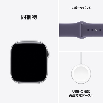 Apple Watch Series 11（GPSモデル）- 46mmシルバーアルミニウムケースとパープルフォグスポーツバンド - M/L