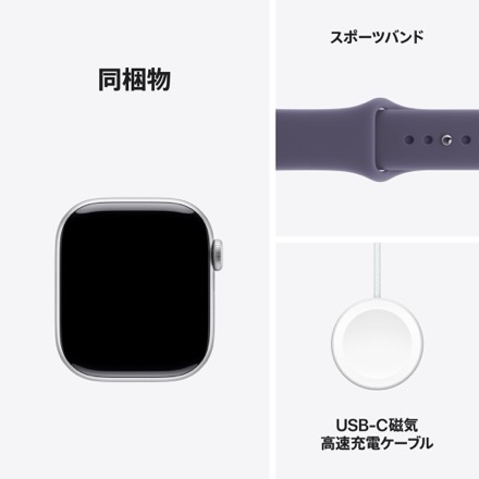Apple Watch Series 11（GPS + Cellularモデル）- 42mmシルバーアルミニウムケースとパープルフォグスポーツバンド - S/M
