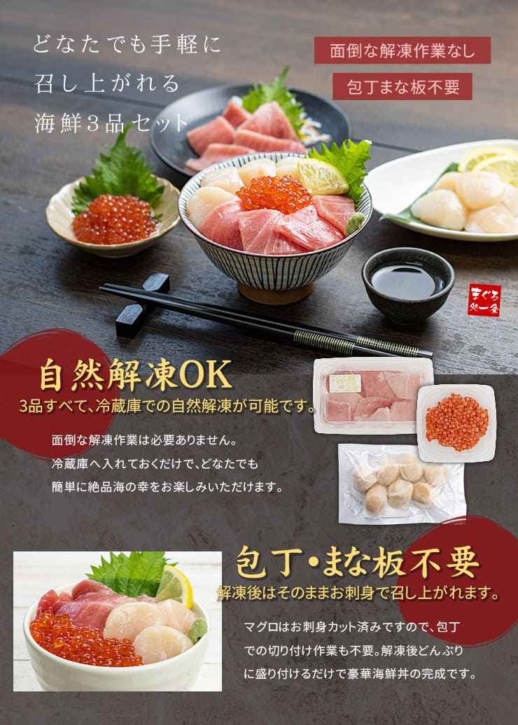 海鮮3品セット「漣」さざなみ 2～3人前 マグロ中トロ 生ほたて いくら醤油漬け [海鮮セット漣さざなみ]