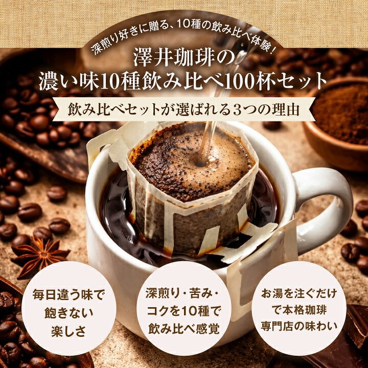 澤井珈琲 濃いめ好き必見！10種類飲み比べドリップパック100杯分 ドリップコーヒー 濃い味 おせち福袋 100袋