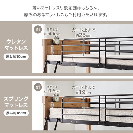 ロフトベッド 天然木 棚付き コンセント付き シングル パイプベッド ベッドガード 高さ137cm ナチュラル/ホワイト