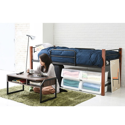 パイプベッド シングルベッド 天然木脚 ミドルタイプ 高さ96cm 頑丈 ベッドガード 手すり ハイタイプ ブラック/ブラウン