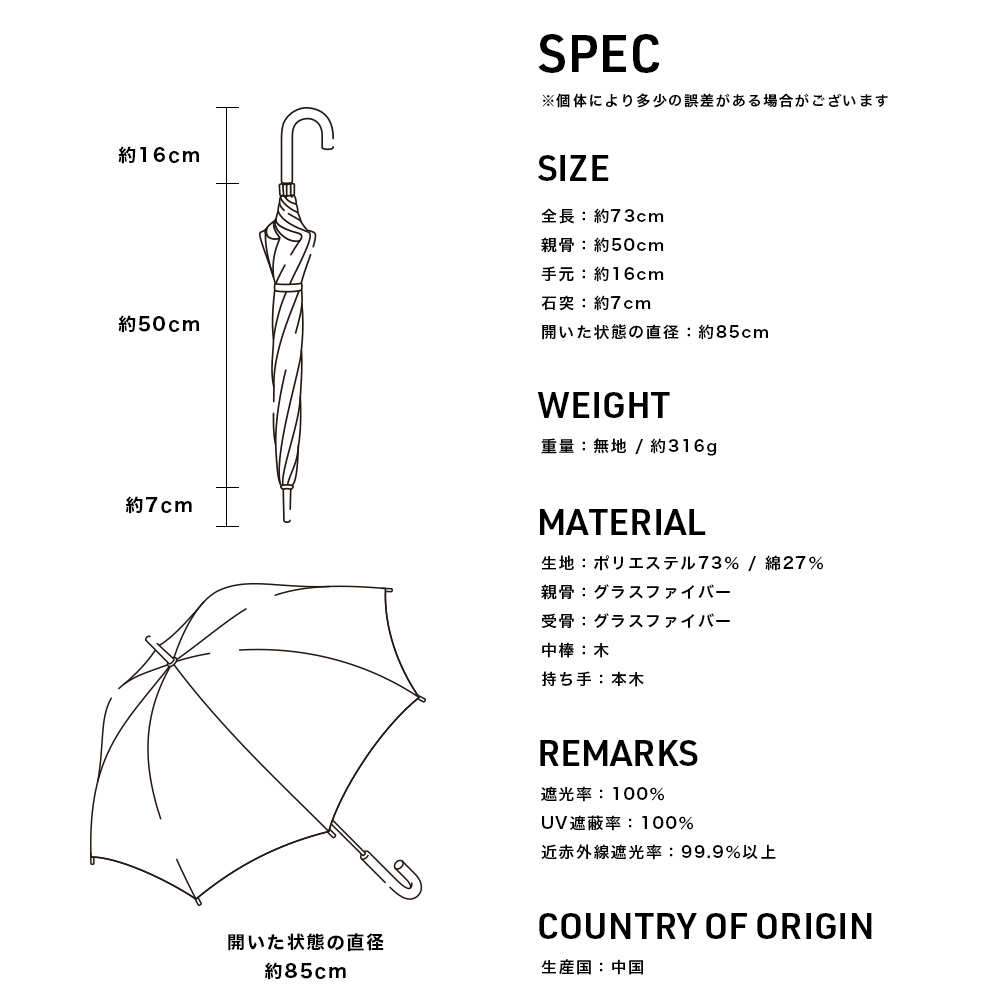 完全遮光 日傘 UVカット100％ 遮光率100％ Paraffi パラフィ ショート傘 チェック柄 チャコール