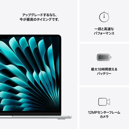 Apple MacBook Air 15インチ: 10コアCPUと10コアGPUを搭載したApple M4チップ, 16GB, 512GB SSD - シルバー