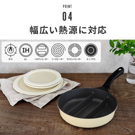 センターエッグトリプルパンmini 20cm 深型 仕切り付き フライパン IH対応 PFOAフリー お弁当 同時調理 時短 時短調理 焼き 茹で 玉子焼き器 卵焼き器 卵1個 コンパクト ソイビーン A-77912 ソイビーン