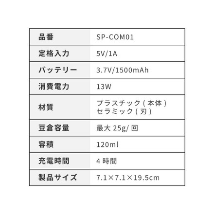 simplus 電動コーヒーミル コニカル式 コードレス セラミック刃 コーヒーグラインダー プロ仕様 豆挽き シンプラス SP-COM01 ブラック SP-COM01