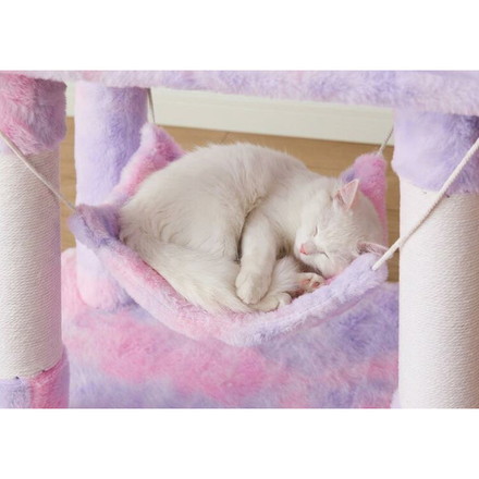 キャットタワー ツリーハウス 据え置き スリム 40×50cm 高さ140cm フランネル 綿縄 爪とぎ ハンモック パープル