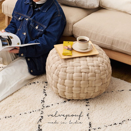 ベルベット調 プフ クッションスツール Lサイズ 直径50cm 可愛い かわいい オットマン サイドテーブル ベージュ ベージュ
