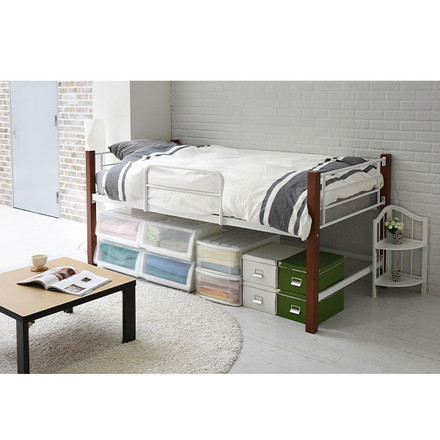 パイプベッド シングルベッド 天然木脚 ミドルタイプ 高さ96cm 頑丈 ベッドガード 手すり ハイタイプ ブラック/ブラウン