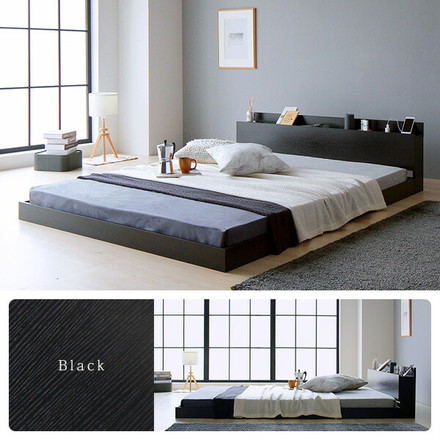 ベッド 低床 ロータイプ すのこ 木製 宮付き 棚付き コンセント付き シンプル グレイッシュ モダン ブラック