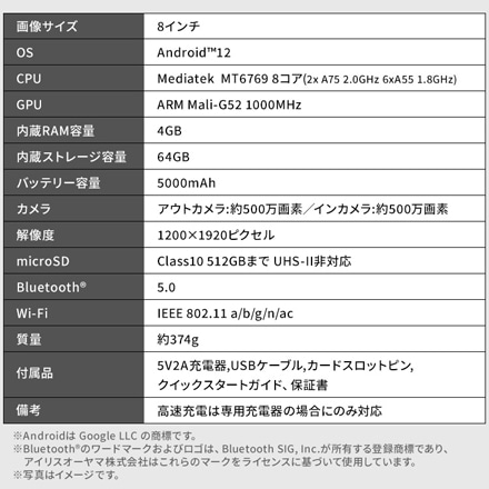 アイリスオーヤマ タブレット 8インチ TM082M4N1-B ブラック
