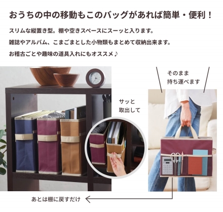 持ち運びできる収納ボックスバッグ3色組 収納ボックス バッグ 収納トート 縦置き スリム収納ボックス
