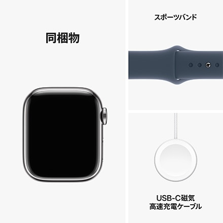 Apple Watch Series 9（GPS + Cellularモデル）- 41mmシルバーステンレススチールケースとストームブルースポーツバンド - S/M