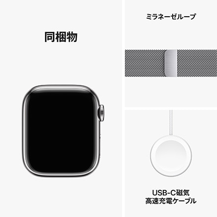Apple Watch Series 9（GPS + Cellularモデル）- 41mmシルバーステンレススチールケースとシルバーミラネーゼループ