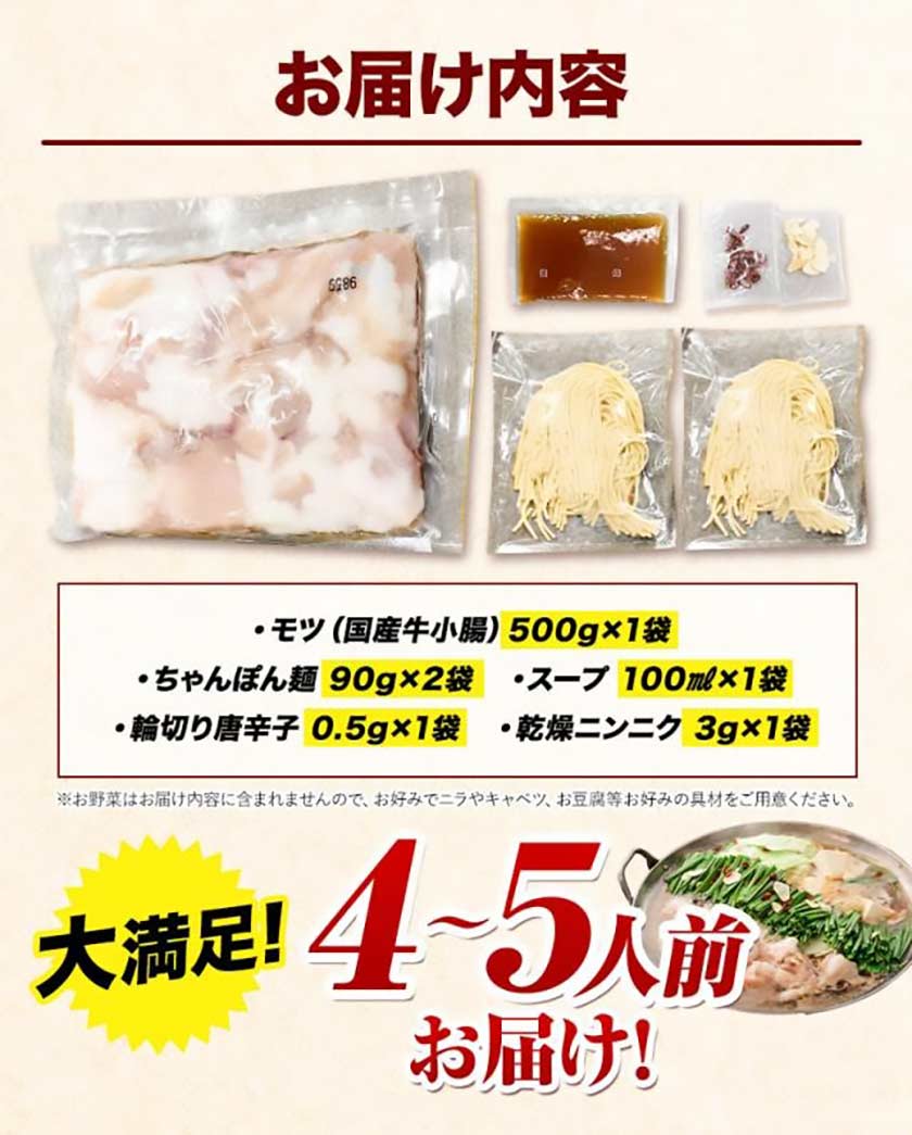 もつ鍋 4～5人前 本格醤油味 国産 牛 もつ 500g ちゃんぽん麺 付き 醤油 ちゃんぽん 冷凍 博多 福岡 1-5営業日以内に発送予定（土日祝除く）
