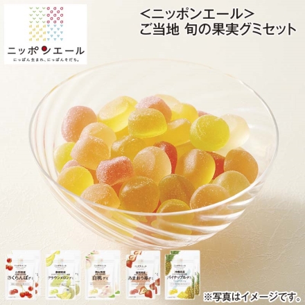 ＜ニッポンエール＞ご当地 旬の果実グミセット 山形県産さくらんぼグミ・静岡県産クラウンメロングミ・岡山県産白桃グミ・福岡県産あまおう苺グミ・沖縄県産パイナップルグミ 各40g×2 送料込み