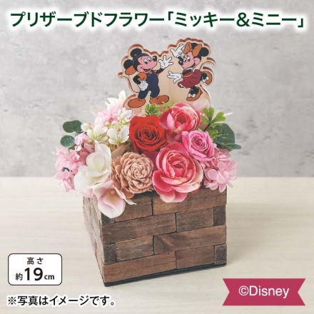 プリザーブドフラワー「 ミッキー＆ミニー 」 サイズ（約）＝幅15×奥行12×高さ19cm 素材＝花材／プリザーブド：バラ（ピンク系・赤系 各1輪）、アジサイ 造花（ソーラーローズ、バラ、アジサイ、小花、グリーン） 花器：木製 母の日 送料込み