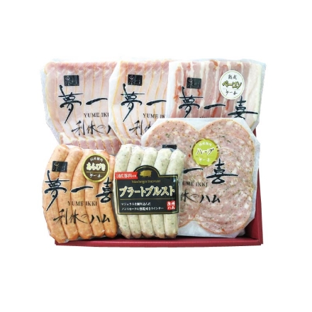 お歳暮のし付き ＜夢一喜＞こだわりハム工房のハム詰合せＡ ロースハムスライス79g×2、ベーコンスライス・ハーブソーセージスライス 各80g、あらびきウインナー130g（5本）、ブラートブルスト120g（5本）