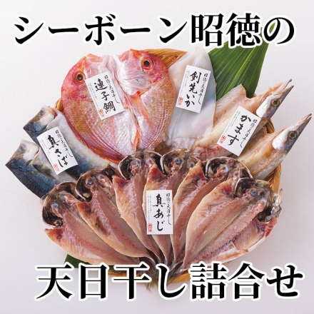 シーボーン昭徳の天日干し詰合せ 真あじ開き360g（6枚）、真さば片身180g（2枚）、かます開き160g（2枚）、連子鯛開き180g、剣先いか開き80g