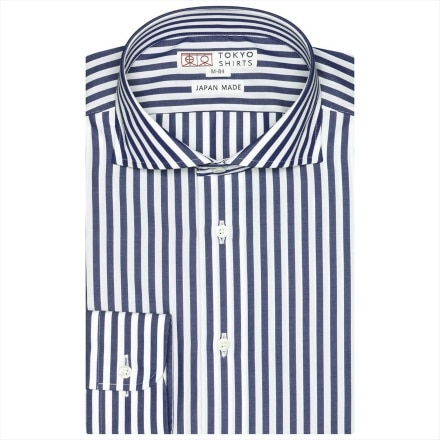 国内縫製 プレミアム ホリゾンタル 長袖 形態安定 ワイシャツ 綿100% ネイビー S-裄丈80cm