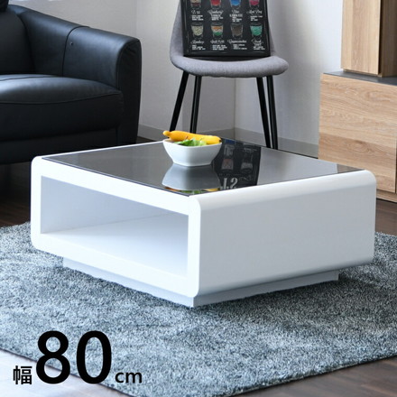 ローテーブル テーブル 幅80 ホワイト 白 ガラス 収納付き 鏡面 ガラステーブル