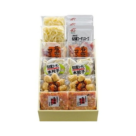 愛知 名古屋コーチン 鶏鍋セット 名古屋コーチン骨付きぶつ切200g×2、名古屋コーチンつみれ200g×2、名古屋コーチン入りつくね200g×2、名古屋コーチン水餃子140g（10個）×2、きしめん200g×2、名古屋コーチンスープ200g×3
