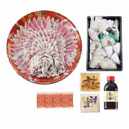 「関とら本店」 ふく料理フルコース とらふぐ刺身(30cm皿)90g、とらふぐ皮30g、とらふぐちり(切身、アラ)400g、ふぐ白子豆腐130g、ふぐ煮こごり100g、ふくポン酢180ml、もみじおろし10g×4