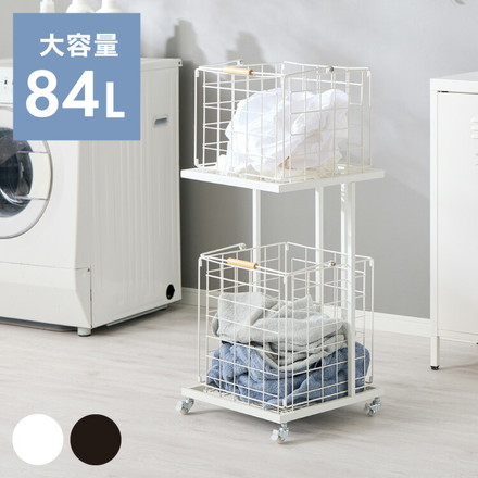 ランドリーバスケット 2段 木取っ手 角型 ランドリーワゴン 洗濯かご キャスター付き スリム スクエアタイプ ブラック